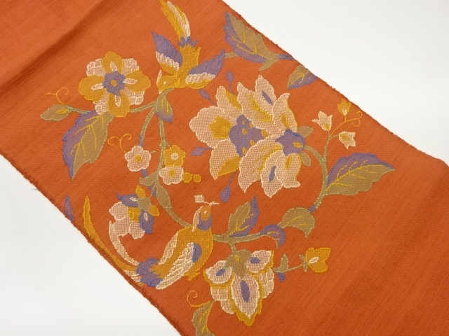 手織り紬花唐草に鳥模様織出し名古屋帯